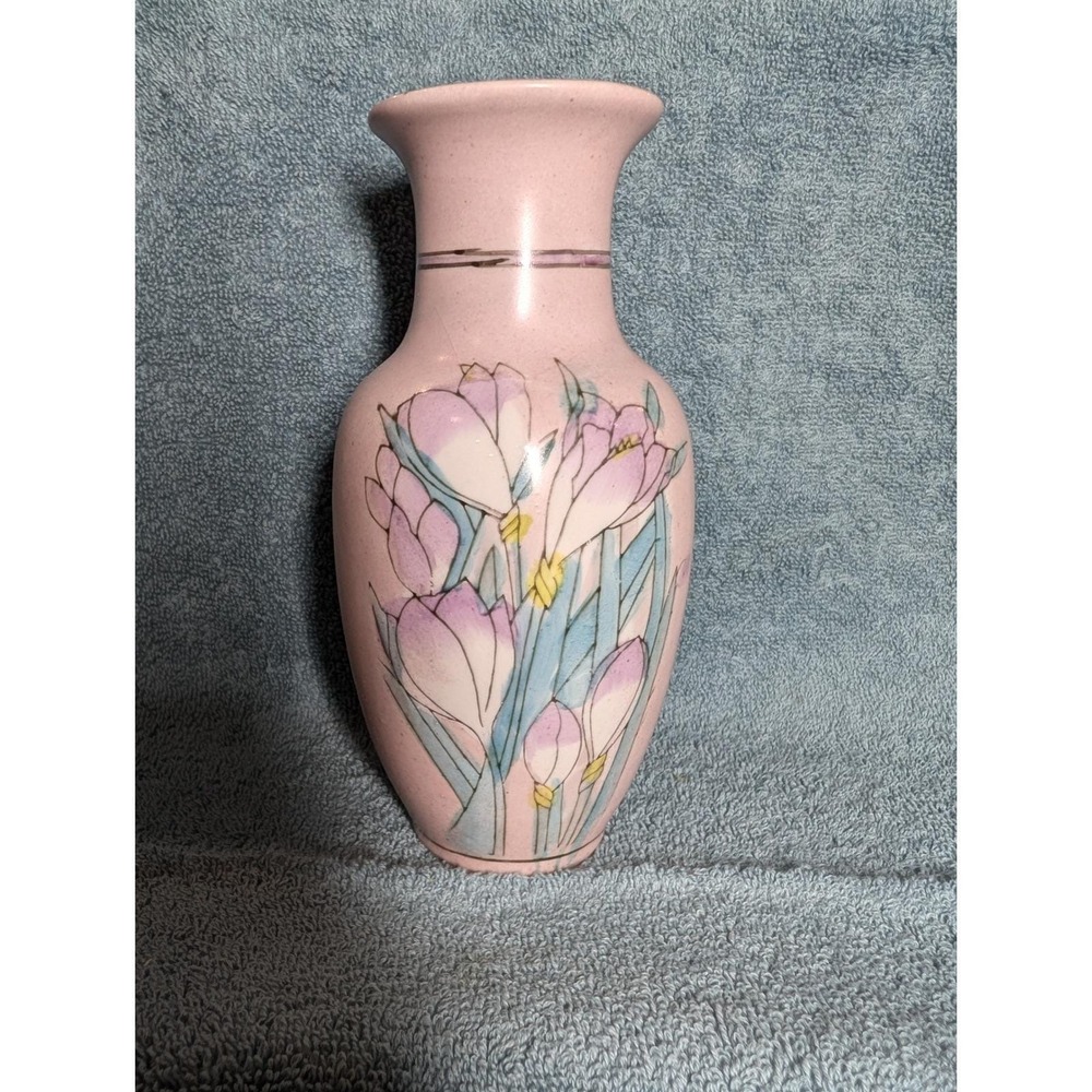 Vintage Pink Ceramic Bud Vase Hand Painted Purple Crocus' Made in China 7.5"